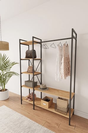Nilamu Elbise Dolabı , Metal Aksamlı, Atlantik Çam, Açık Dolap, Organizer, Askılık 130*170*34 Cm