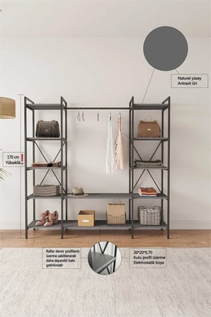 Nilamu Antrasit Elbise Dolabı | Metal Gövdeli Açık Askılık & Organizer Dolap 175*170*34 Cm