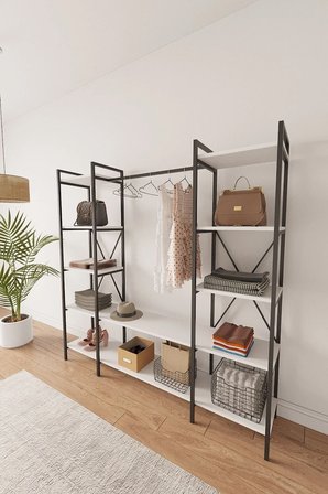 Nilamu Beyaz Elbise Dolabı | Metal Gövdeli Açık Askılık & Organizer Dolap 175*170*34 Cm