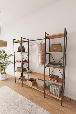 Nilamu Atlantik Çam Elbise Dolabı | Metal Gövdeli Açık Askılık & Organizer Dolap 175*170*34 Cm