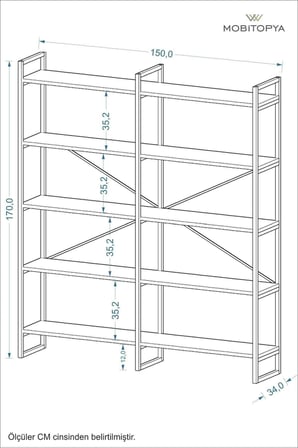 Nilamu Çam 150 Cm Kitaplık, Organizer, Ofis, Ev, 5 Raflı Kitaplık 150*170*34 Cm