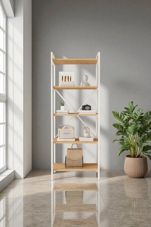 Nilamu Çam 65 Cm Kitaplık , Metal Aksamlı, Organizer, Ofis, Ev, 65*170*34 Cm