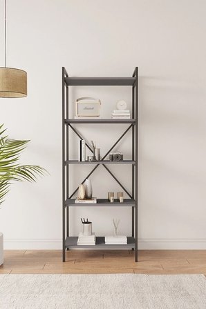 Nilamu Antrasit 65 Cm Kitaplık, Metal Aksamlı, Organizer, Ofis, Ev, 65*170*34 Cm