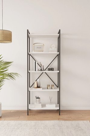 Nilamu Beyaz 65 Cm Kitaplık, Metal Aksamlı, Organizer, Ofis, Ev, 65*170*34 Cm