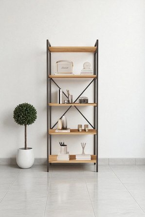 Nilamu Çam 65 Cm Kitaplık , Metal Aksamlı, Organizer, Ofis, Ev, 65*170*34 Cm