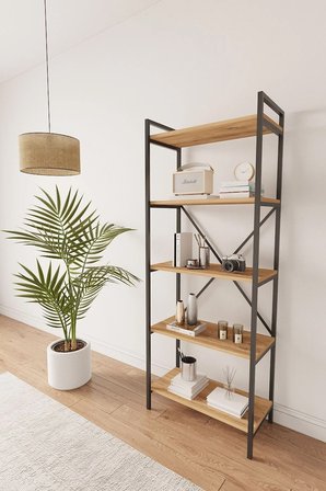 Nilamu Çam 65 Cm Kitaplık , Metal Aksamlı, Organizer, Ofis, Ev, 65*170*34 Cm