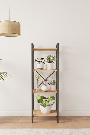 Nilamu Çam Saksılık, 4 Raflı, Metal Aksamlı, Kitaplık, Organizer, Ofis, Ev, Dekoratif 45*135*30 Cm