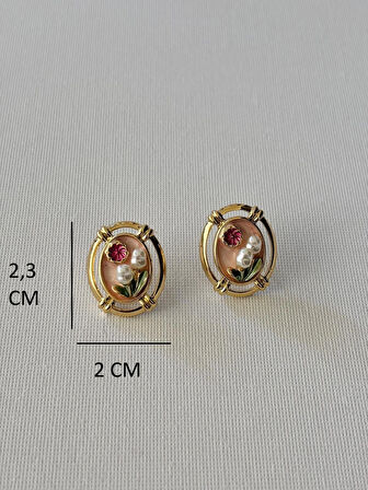 Vintage İnci Detaylı Oval Çiçek Kadın Küpe