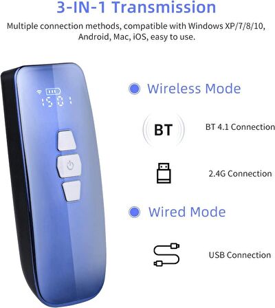 Mini Cep Tipi 1D / 2D / QR Barkod Okuyucu 3'ü 1 arada BT / 2.4G Kablosuz/USB Kablolu Barkod Okuyucu, Windows Mac ile Uyumlu, Süpermarket Perakende Lojistik Depo için Android iOS