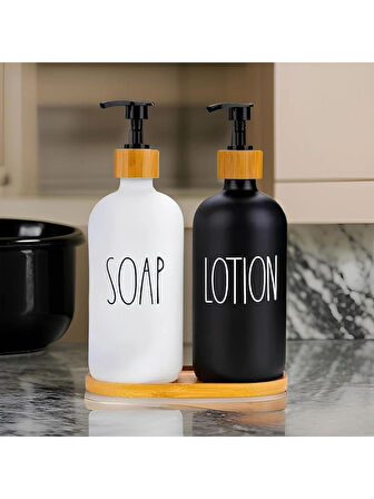 Porselen 2'li Sabunluk + Losyonluk Seti 500Ml Bambu Detaylı