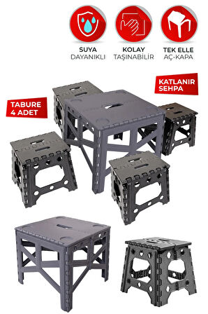 Portatif Plastik Katlanabilir Kolay Taşınır Kamp Piknik Masası + 4 Adet Katlanır Kamp Tabure Set
