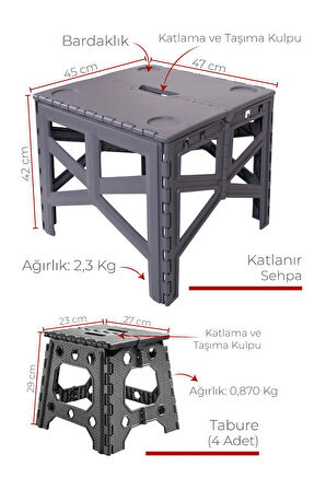 Portatif Plastik Katlanabilir Kolay Taşınır Kamp Piknik Masası + 4 Adet Katlanır Kamp Tabure Set