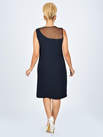 Nidya Moda Büyük Beden Kadın Lacivert Roba Tül Taşlı Abiye Elbise-4011L