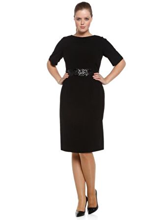 Nidya Moda Büyük Beden Kadın Siyah Sırt V Pullu Payet Kemerli Taş İşli  Abiye Elbise-4020PS