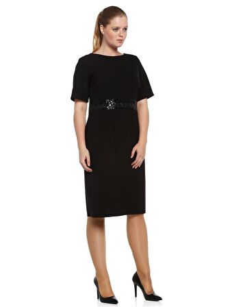 Nidya Moda Büyük Beden Kadın Siyah Sırt V Pullu Payet Kemerli Taş İşli  Abiye Elbise-4020PS