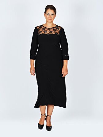 Nidya Moda Büyük Beden Kadın Siyah Roba  Dantel Taşlı   Abiye Elbise-4025AS