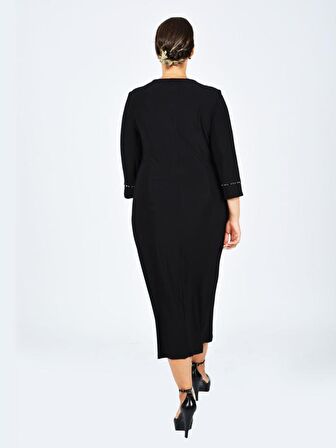 Nidya Moda Büyük Beden Kadın Siyah Roba  Dantel Taşlı   Abiye Elbise-4025AS