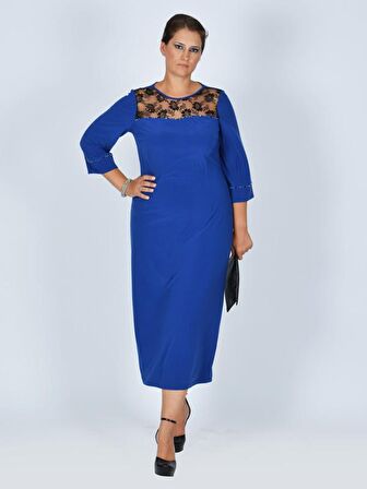 Nidya Moda Büyük Beden Kadın Saks Roba  Dantel Taşlı   Abiye Elbise-4025ASX