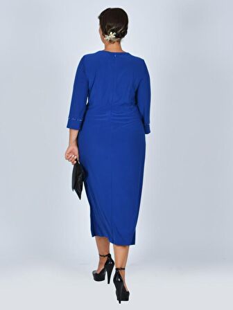 Nidya Moda Büyük Beden Kadın Saks Roba  Dantel Taşlı   Abiye Elbise-4025ASX