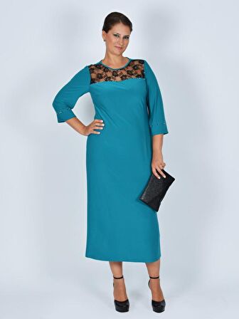 Nidya Moda Büyük Beden Kadın Turkuaz Roba  Dantel Taşlı   Abiye Elbise-4025AT