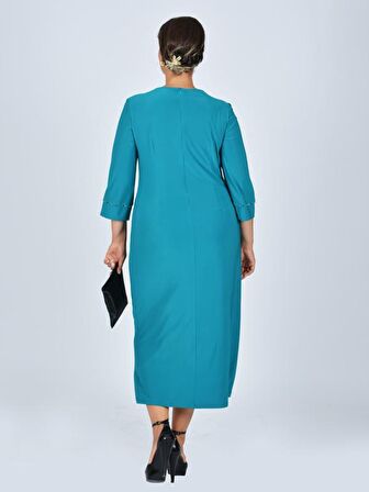 Nidya Moda Büyük Beden Kadın Turkuaz Roba  Dantel Taşlı   Abiye Elbise-4025AT