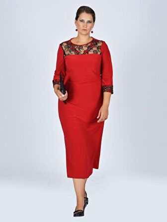 Nidya Moda Büyük Beden Kadın Kırmızı V Bantlı Roba Manşet Dantel Taşlı   Abiye Elbise-4025K