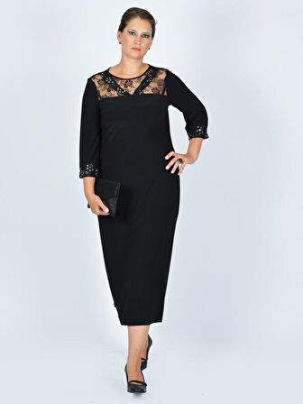 Nidya Moda Büyük Beden Kadın Siyah V Bantlı Roba Manşet Dantel Taşlı   Abiye Elbise-4025S