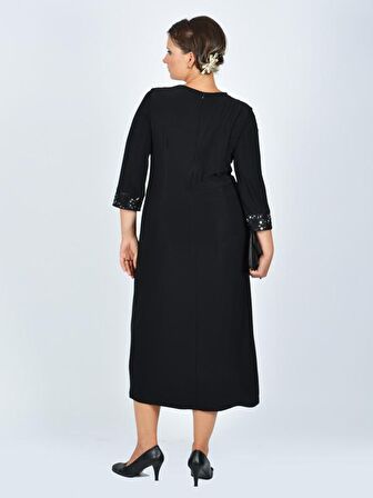 Nidya Moda Büyük Beden Kadın Siyah V Bantlı Roba Manşet Dantel Taşlı   Abiye Elbise-4025S