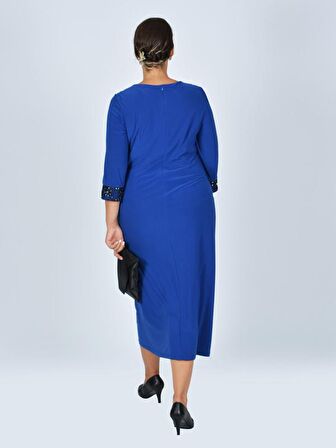 Nidya Moda Büyük Beden Kadın Saks V Bantlı Roba Manşet Dantel Taşlı   Abiye Elbise-4025SX