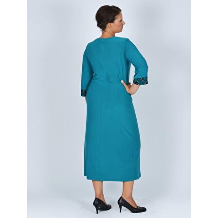 Nidya Moda Büyük Beden Kadın Turkuaz V Bantlı Roba Manşet Dantel Taşlı   Abiye Elbise-4025T