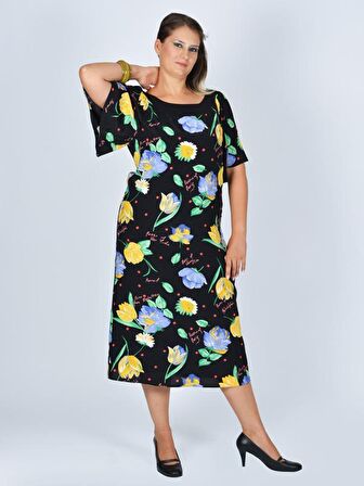 Nidya Moda Büyük Beden Kadın Siyah Yaka Kombinli Çiçek Desenli Günlük Elbise-4026Ç