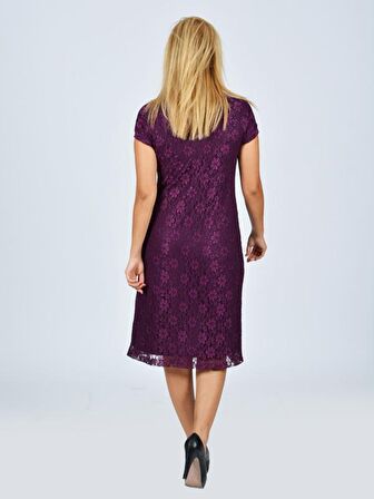 Nidya Moda Büyük Beden Kadın Mürdüm Vako Dantel   Abiye Elbise-4035DM