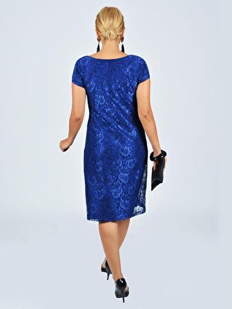 Nidya Moda Büyük Beden Kadın Saks Vako Dantel   Abiye Elbise-4035DSX