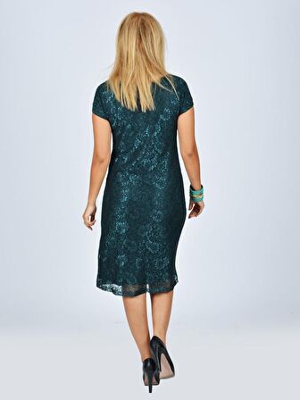 Nidya Moda Büyük Beden Kadın Yeşil Vako Dantel   Abiye Elbise-4035DY