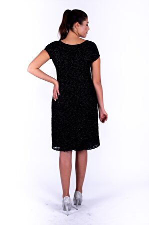 Nidya Moda Büyük Beden Kadın Siyah Vako Simli Dantel Abiye Elbise-4035YS
