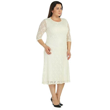 Nidya Moda Büyük Beden Kadın Ekru Kloş Etek Dantel Abiye Elbise-4036E