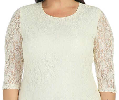 Nidya Moda Büyük Beden Kadın Ekru Kloş Etek Dantel Abiye Elbise-4036E