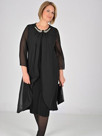 Nidya Moda Büyük Beden Kadın Siyah Taşlı Aksesuarlı Üst Şifonlu Abiye Elbise-4037S