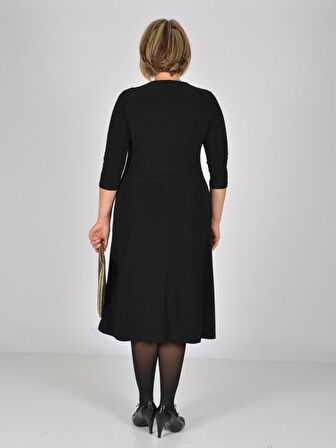 Nidya Moda Büyük Beden Kadın Siyah V Kloş Taşlı Yaka Abiye Elbise-4038S 