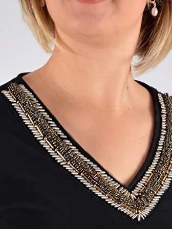 Nidya Moda Büyük Beden Kadın Siyah V Kloş Taşlı Yaka Abiye Elbise-4038S 
