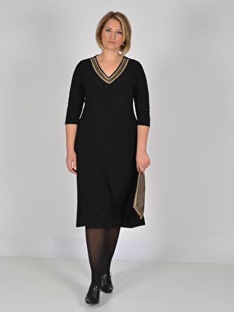 Nidya Moda Büyük Beden Kadın  Siyah Kloş V Taşlı Yaka Abiye Elbise-4038S 