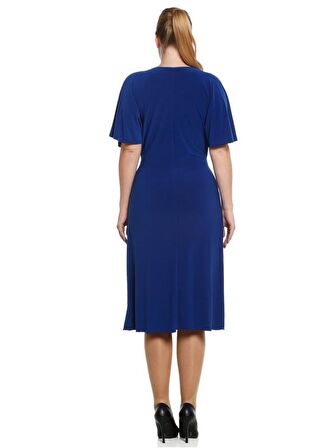 Nidya Moda Büyük Beden Kadın Saks Kuşaklı Elbise-4071SX
