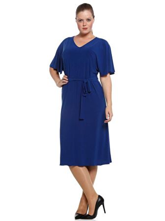 Nidya Moda Büyük Beden Kadın Saks Kuşaklı Elbise-4071SX