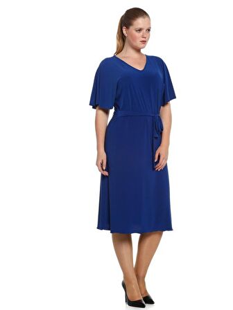 Nidya Moda Büyük Beden Kadın Saks Kuşaklı Elbise-4071SX