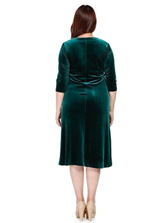 Nidya Moda Büyük Beden Kadın Yeşil Taş İşli Lazer Yaka Kadife Abiye Elbise-4072AY