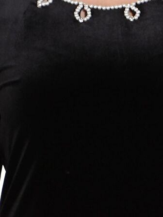 Nidya Moda Büyük Beden Kadın Siyah İnci İşli Lazer Yaka Kadife Abiye Elbise-4072S 