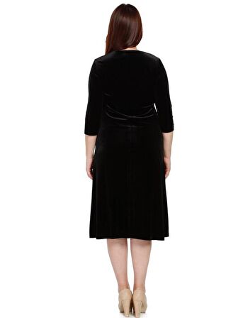 Nidya Moda Büyük Beden Kadın Siyah İnci İşli Lazer Yaka Kadife Abiye Elbise-4072S 