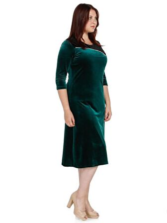 Nidya Moda Büyük Beden Kadın Yeşil Roba Taşlı Kombinli Kadife Abiye Elbise-4073Y