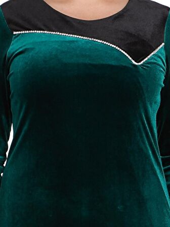 Nidya Moda Büyük Beden Kadın Yeşil Roba Taşlı Kombinli Kadife Abiye Elbise-4073Y