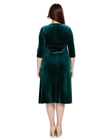 Nidya Moda Büyük Beden Kadın Yeşil Roba Taşlı Kombinli Kadife Abiye Elbise-4073Y